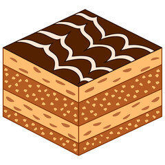 A cube-shaped dessert with chocolate frosting on top, decorated with white frosting