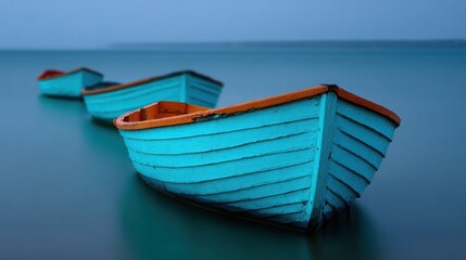 Naklejka premium Three small boats are floating in the water, one of which is blue