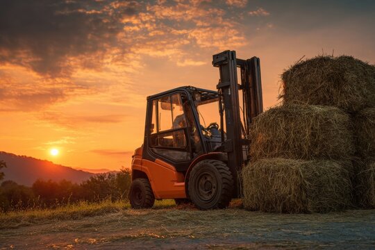 A forklift is seen during sunset in a rural area, skillfully stacking hay bales against a vibrant sky. The scene captures the essence of farm life and evening work