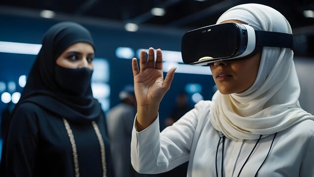 Muslim Women Exploring Virtual Reality Modern Technology Innovation