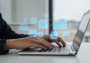 Person typing on a laptop with digital network overlay and light window background in the distance