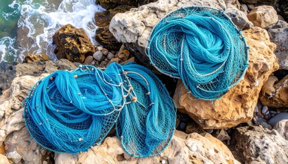 Fishing nets dry on coastal rocks, creating intricate textures along a rocky shore