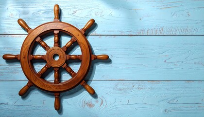 Vintage ship wheel resting on wooden surface, highlighted by shadows and textures, evokes maritime nostalgia and adventure