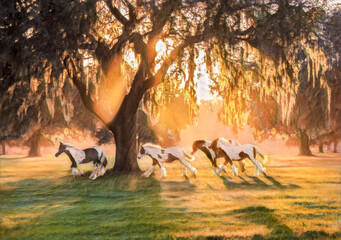 Herd of Gypsy Vanner horse weanlings run at sunset under Live Oak trees. Stylized digital photo art.