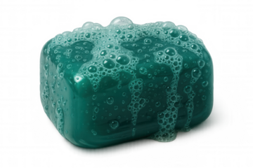 Green soap bar generating white lather, studio-lit against transparent backdrop, representing personal cleanliness and hygiene