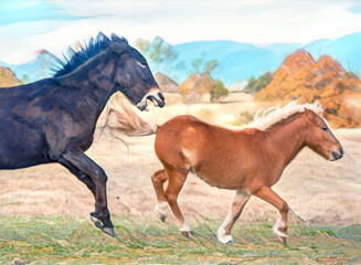 Adult Mule and pony friends play in field.. Stylized digital photo art.