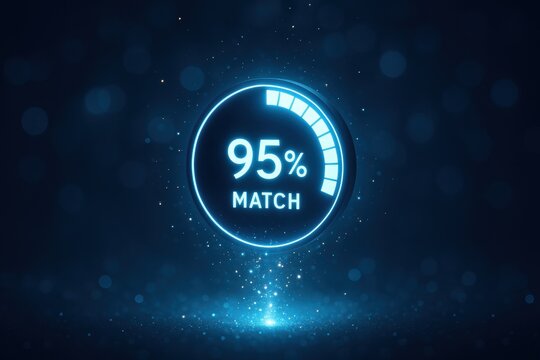 A Digital Representation of a High Match Percentage Indicator, Showcasing 95% in Glowing Blue on a Dark Background Full of Sparkling Particles