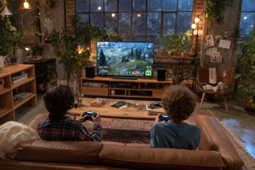 Two children are sitting on a couch, focused on a large television displaying a video game. The cozy living room features plants and warm lighting, creating a relaxed atmosphere at night