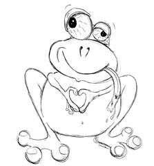 Black and white frog prince making a heart shape with his hands. Transparent background