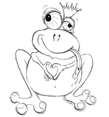 Black and white frog prince making a heart shape with his hands wearing a crown. Transparent background