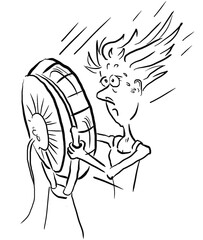 Over heated woman standing in front of a large fan. Black and white hand drawn illustration transparent background