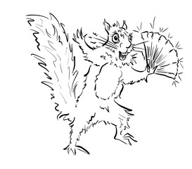 Dancing squirrel with fan illustration black and white with a transparent background