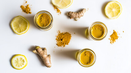 Flat lay of small glasses with golden ginger shots made with turmeric and lemon, arranged with lemon slices and turmeric powder on a clean white background