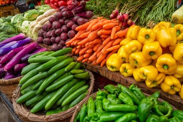 Fresh vegetables are arranged in a vibrant outdoor market. Bright colors showcase cucumbers, carrots, peppers, and eggplants inviting shoppers to explore and purchase