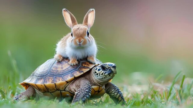 Adorable rabbit sitting on the shell of a tortoise, both in a grassy field with warm golden background.