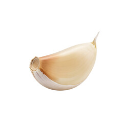 Single garlic clove with white papery skin and creamy yellow interior isolated on a transparent background
