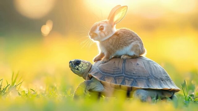 Adorable rabbit sitting on the shell of a tortoise, both in a grassy field with warm golden background.