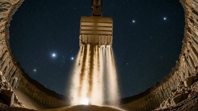 Excavator shovel slowly tilts, releasing fine sand in glittering curtain at night