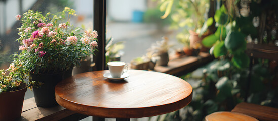 Cozy cafe table with brown wooden round top and white cup surrounded by vibrant flowers and green plants by a large window with soft natural light
