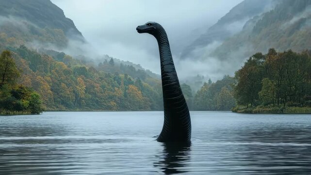 Mythical Loch Ness monster rises from a calm lake surrounded by misty mountains and autumn-colored forest.