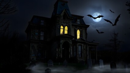 Fototapeta premium Eerie Halloween Haunted House with Bats and Moonlight Night Stock Image