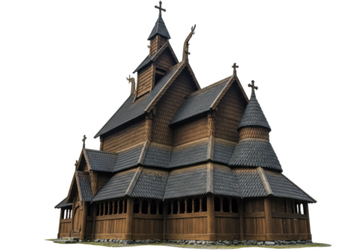 Exploring the intricate of a traditional stave church norway 3d model architectural environment low angle cultural heritage. Cut out png