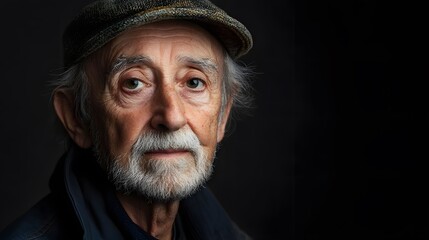 Portrait of mature man with grey hair and beard wearing cap on a dark background close up studio shot