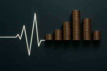 Heartbeat line merging into coin stacks