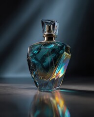 Teal perfume bottle, studio shot, dark background, luxury product, advertising