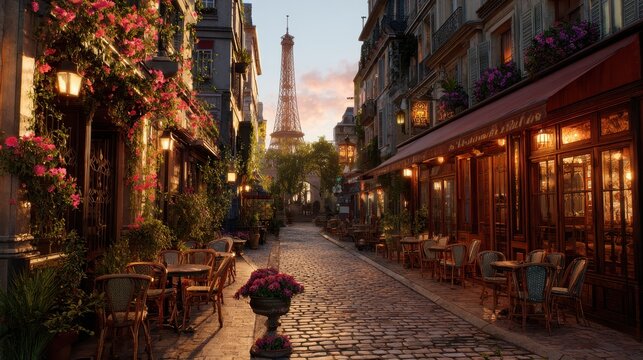 Parisian sunrise street cafe, Eiffel Tower view, cobblestone road, romantic ambiance, travel