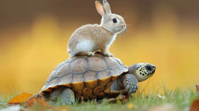 Adorable rabbit sitting on the shell of a tortoise, both in a grassy field with warm golden background.