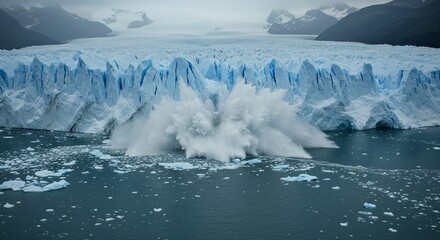 Glacier calving into icy water spray