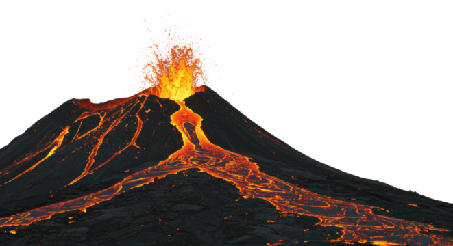 Volcanic eruption displaying lava flow natural landscape high angle dynamic geology concept. Cut out png