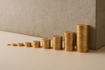 Ascending stacks of coins approaching a wall symbolizing financial limitation