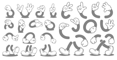 Retro cartoon legs and hands, Hands with gloves and feet with boots, various poses for characters, a set of poses, gestures, placement of hands and feet. Mascot character set. Cartoon set of limbs.eps
