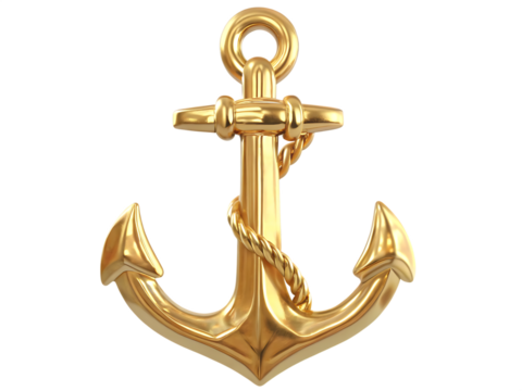 Gleaming golden anchor with rope isolated on a transparent background - Powered by Adobe