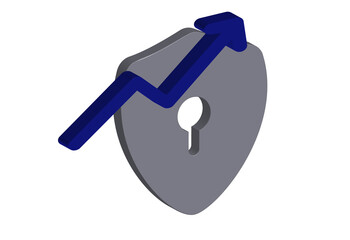 Simple 3D illustration of a shield icon with an upward arrow. Transparent background in PNG format.