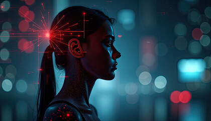 Futuristic AI-coded identity portrait of a woman in profile with neural network light burst, cyberpunk city background, glowing red and blue tones, digital surveillance aesthetic