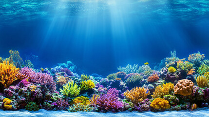 Naklejka premium Vivid underwater coral reef teeming with diverse marine life in a kaleidoscope of vibrant colors. Bright corals, tropical fish, and other sea creatures create a lively and thriving ocean ecosystem, ca