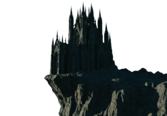 Mysterious castle on rocky cliff fantasy landscape dramatic lighting aerial enigma of architecture. Cut out png