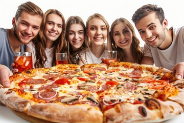 Casual pizza party gathering with friends sharing various pizzas