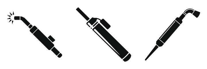 Set of black and white plasma cutter torch icons, welding and cutting tool silhouettes for metal fabrication, industrial welding equipment, and precision cutting vector illustrations