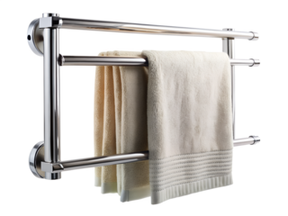 Chrome metal towel rack with folded beige towels isolated on transparent background