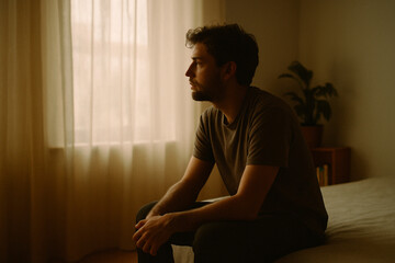 Fototapeta premium Man Sitting by the Window in a Calm Room with Natural Light