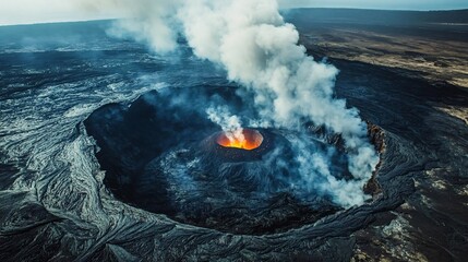 aerial view of an active volcano eruption with lava flowing from the crater surrounded by blackened land and smoke clouds rising into the sky during daytime