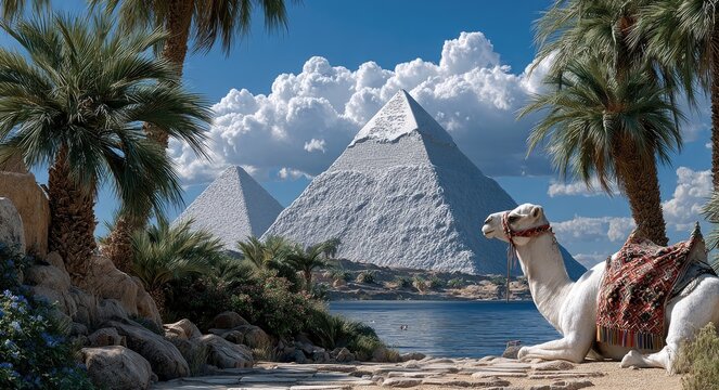 A camel resting in front of the Pyramids, an Egyptian landscape background with a blue sky and clouds, a panoramic view