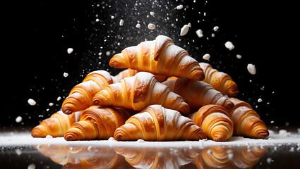 Golden Flaky Croissants Sprinkled With Powdered Sugar Delicious Pastries