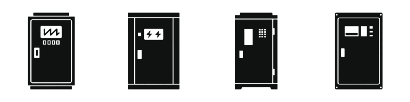 Set of black and white electrical control panel icons, industrial power distribution cabinet silhouettes, electrical switch gear and circuit breaker box vector illustrations for energy management