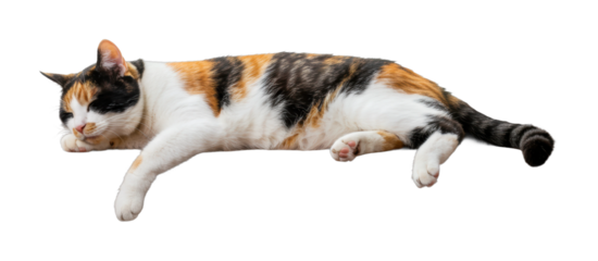 Relaxing calico cat home setting animal indoor environment side serenity and comfort. Cut out png