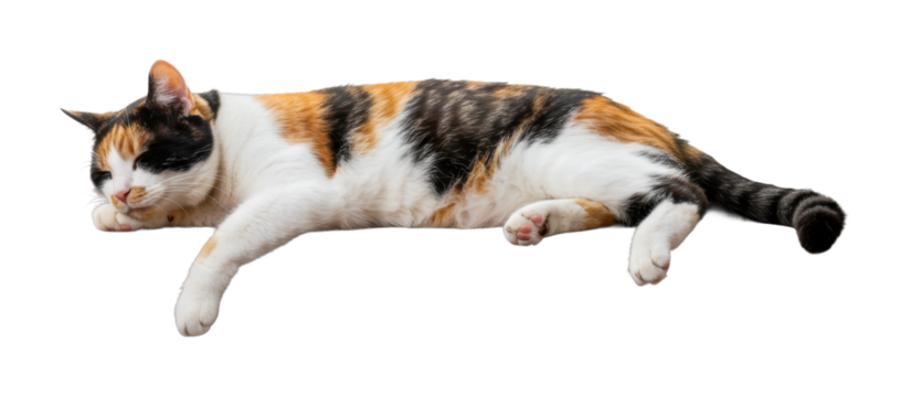 Relaxing calico cat home setting animal indoor environment side serenity and comfort. Cut out png